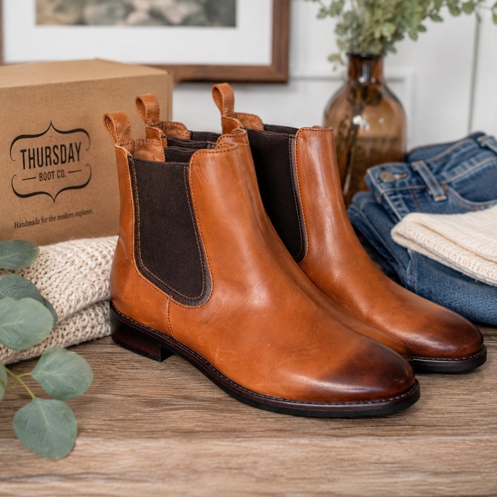 Thursday Boot Co Everyday Chelsea Boots Whiskey Brown Leather Women's Size 8.5‎